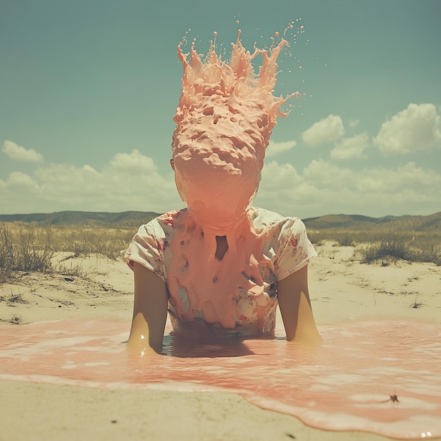 Photo a person is sitting on a beach with pink foam on their head