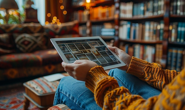 a person is sitting on a couch with a book in their hands