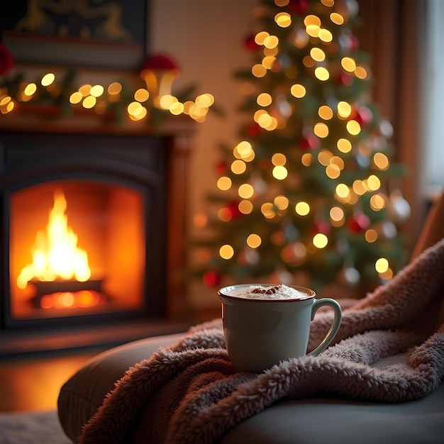 a person is sitting on a couch with a cup of coffee and a fireplace in the background