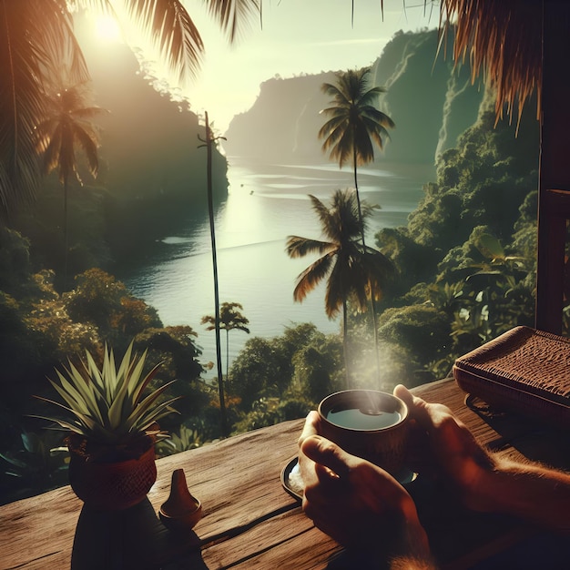 Photo a person is sitting on a deck with a cup of coffee and a view of the ocean