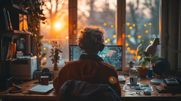 A person is sitting at a desk with a computer monitor and a keyboard The room is dimly lit and there is a potted plant in the background The person is wearing headphones