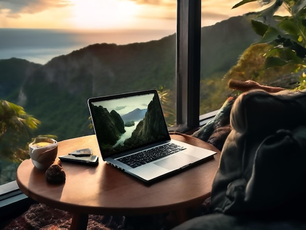 Photo a person is sitting in front of a window with a laptop on a table