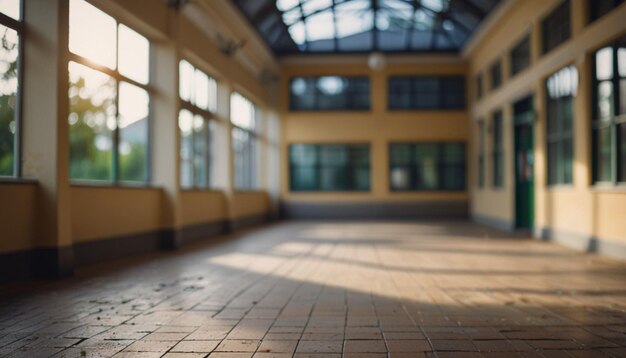 Photo a person is sitting in a large empty building with windows