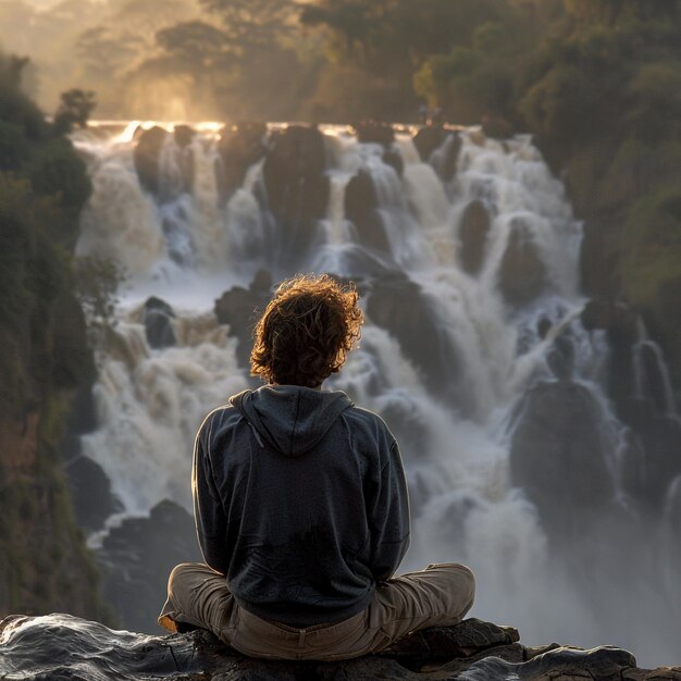 Photo a person is sitting on a rock looking at a waterfall