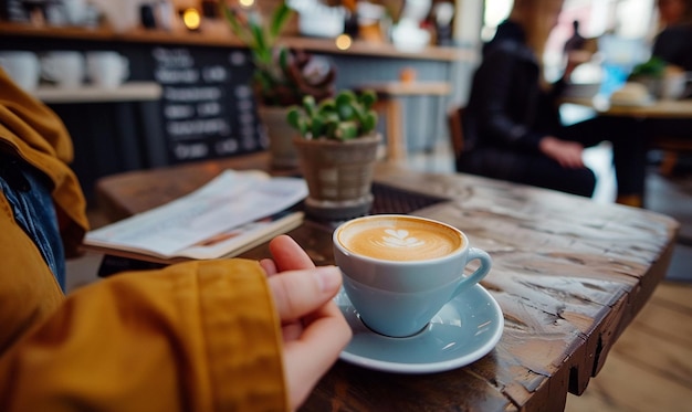 Photo a person is sitting at a table with a cup of coffee