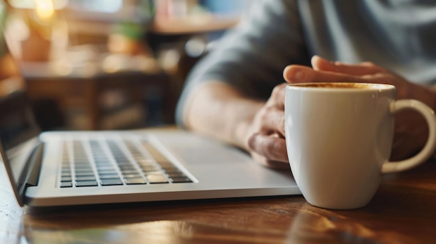 Photo a person is sitting at a table with a laptop and a cup of coffee