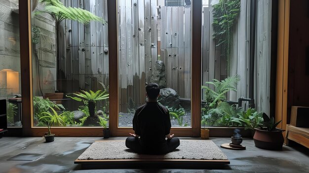 Photo a person is sitting in a yoga pose in a room with a lot of plants the room has a large window that looks out onto a garden