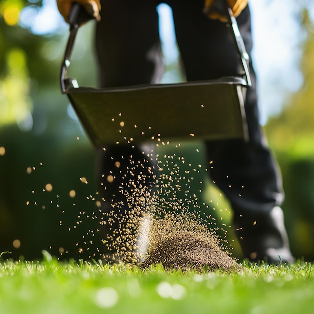 Photo a person is spreading grass seed on a lawn