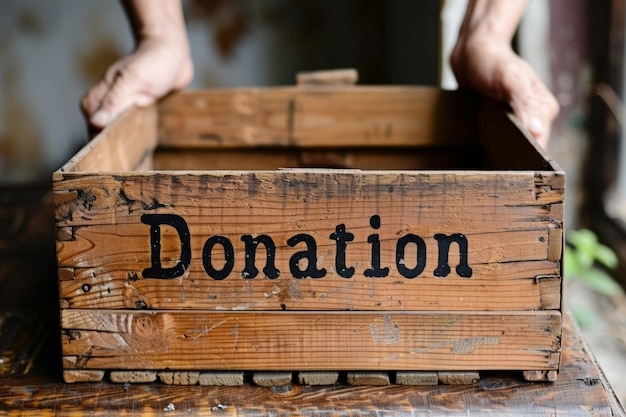 Photo a person is standing in front of a wooden box that says donation