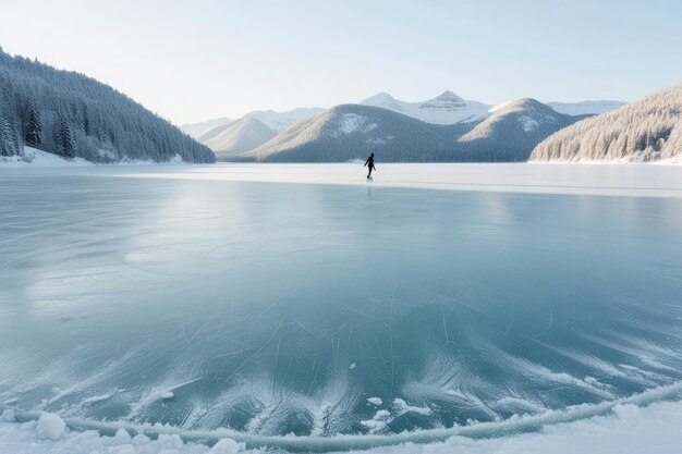 Photo a person is standing on a frozen lake in front of mountains