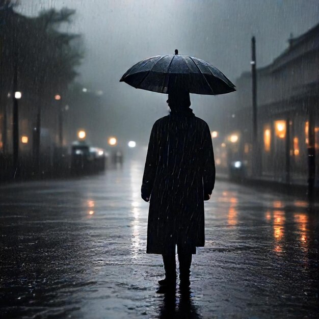 a person is standing in the rain with an umbrella