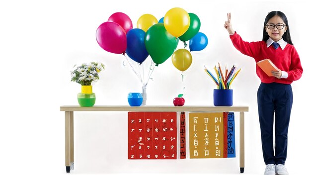 a person is standing on a shelf with balloons and a red book with the number 0 on it