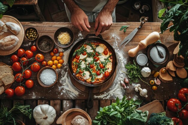 Photo a person is standing over a table with a pizza and a pan of vegetables