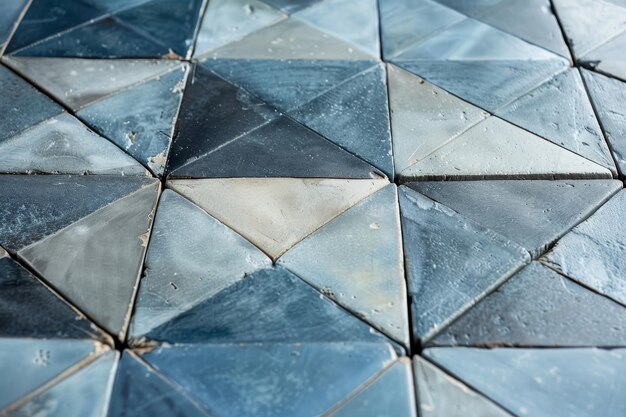 A person is standing on a tiled floor with tiles in varying shades of blue and grey Tiles in varying shades of blue and grey creating a geometric pattern on the floor