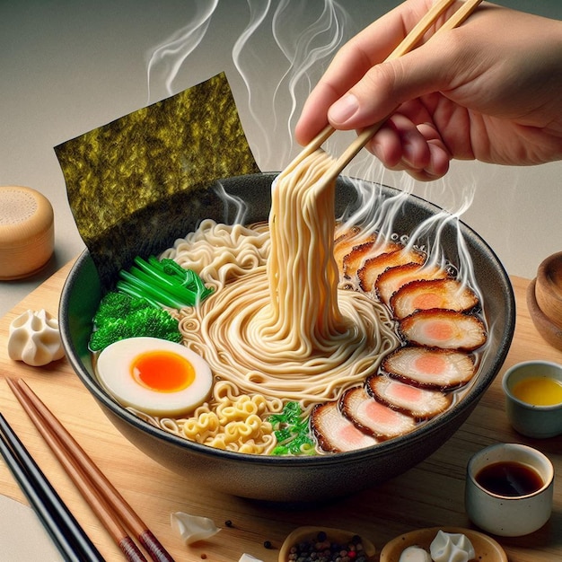 Photo a person is stirring noodles with a chopstick