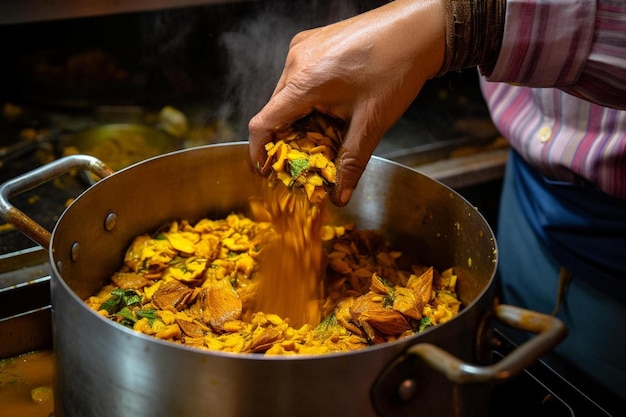 Photo a person is stirring some food in a pan.