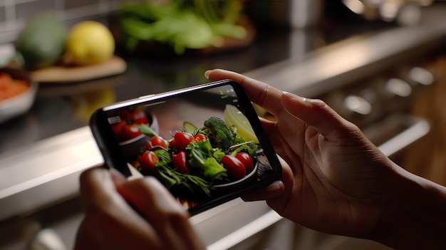 Photo a person is taking a photo of a bowl of vegetables the bowl is filled with cherry tomatoes broccoli and lettuce