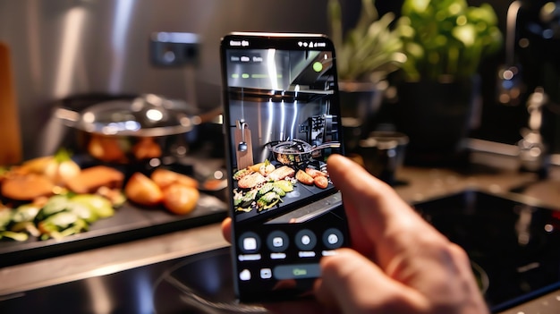 Photo a person is taking a photo of a meal they are preparing in the kitchen the meal is on a stovetop and includes salmon vegetables and potatoes