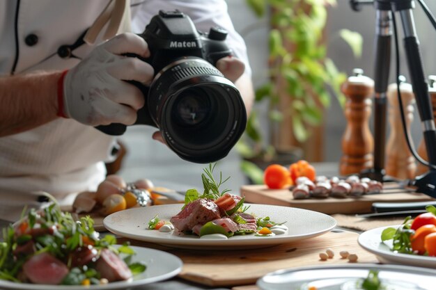 Photo a person is taking a picture of food on a table