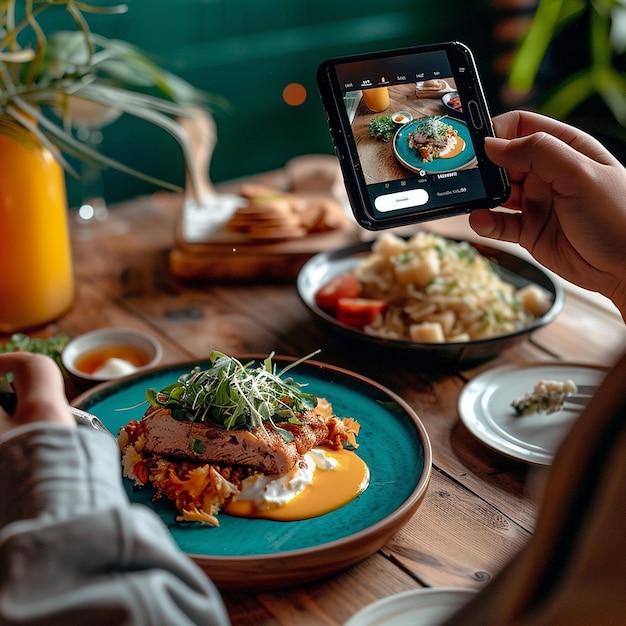 a person is taking a picture of food with a phone