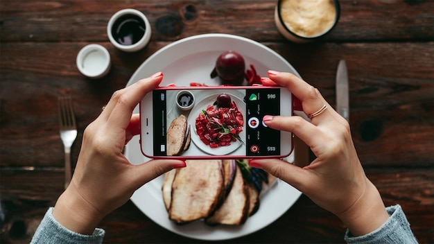 Photo a person is taking a picture of a plate of food with a phone that has a picture of food on it