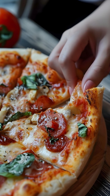 a person is taking a slice of pizza from a pizza