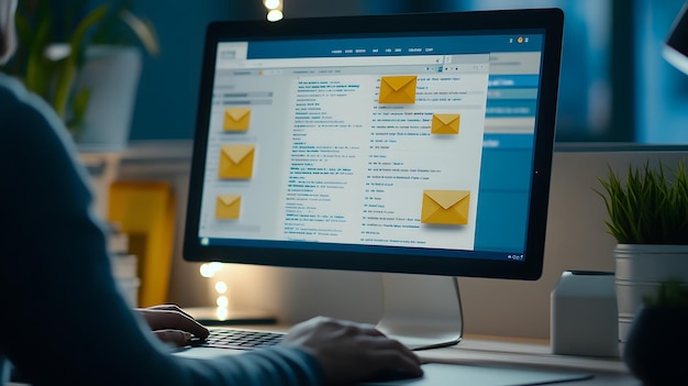 a person is typing on a computer with a yellow envelope on the screen