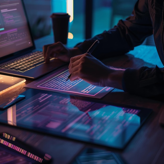 A person is typing on a laptop and tablet with a pen in their hand