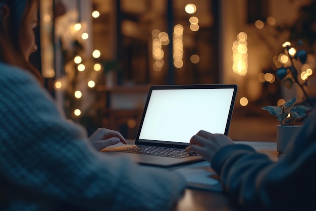 Photo a person is typing on a laptop with a blank screen that says quot no quot