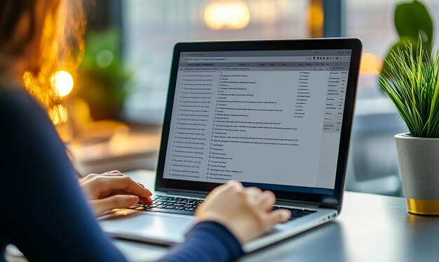 Photo a person is typing on a laptop with a website page on the screen