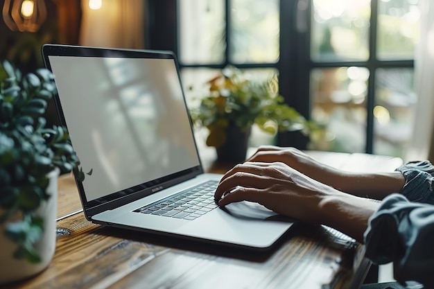 A person is typing on their laptop with the screen blank and white symbolizing a space for copy or t