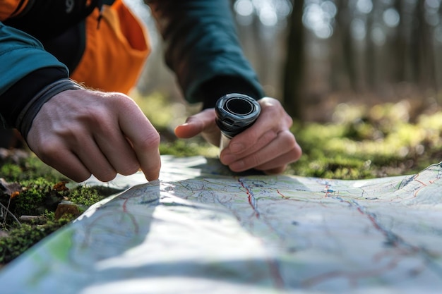 Photo a person is using a camera and a map that says  go  on it