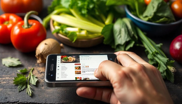 Photo a person is using a cell phone with the screen showing a picture of a salad on it