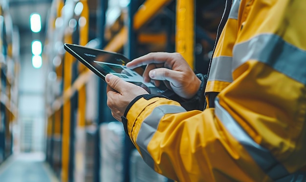 a person is using a cell phone with a yellow jacket on it