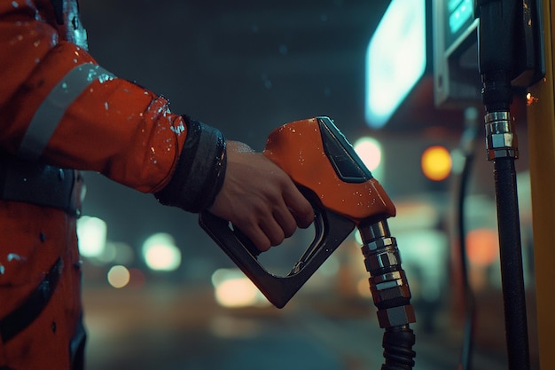 Photo a person is using a gas pump that has the word gas on it