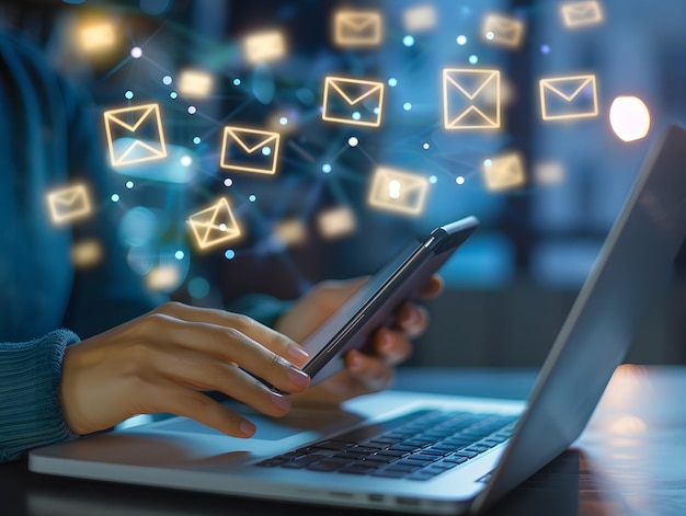 A person is using a laptop and holding a smartphone A multitude of email icons are floating and emanating from the laptop