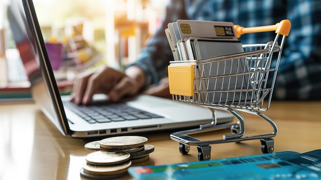 A person is using a laptop to shop online with a mini shopping cart filled with credit cards and coins on the table