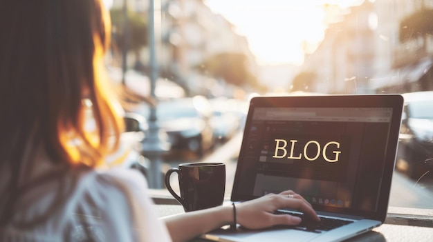 A person is using a laptop with a BLOG screen visible accompanied by a cup of coffee on a wicker table