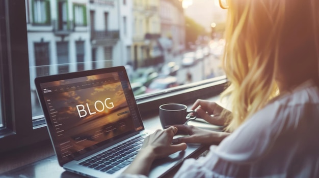 Photo a person is using a laptop with a blog screen visible accompanied by a cup of coffee on a wicker table