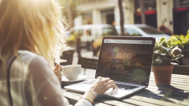 Photo a person is using a laptop with a blog screen visible accompanied by a cup of coffee on a wicker table