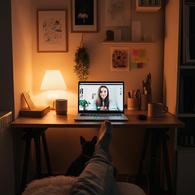 a person is using a laptop with a picture of a woman on the screen