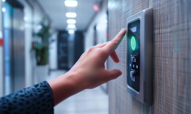 a person is using a light switch with a green light on it