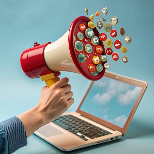 a person is using a megaphone with laptop screen in the background Marketing concept with icon