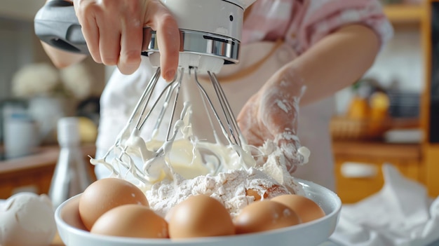 a person is using a mixer that has eggs in it