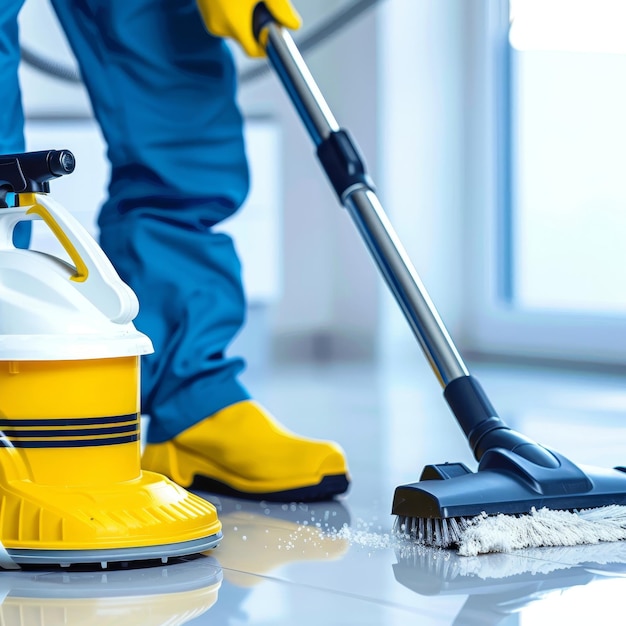 Photo a person is using a mop and a mop with a yellow rubber boot