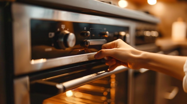 Photo a person is using an oven with a handle that says  the time is 10  00