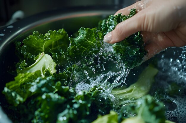 Photo a person is using a pan of broccoli in a pot with water