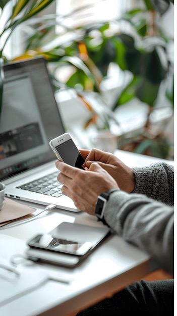 a person is using a phone and a laptop with a phone on it