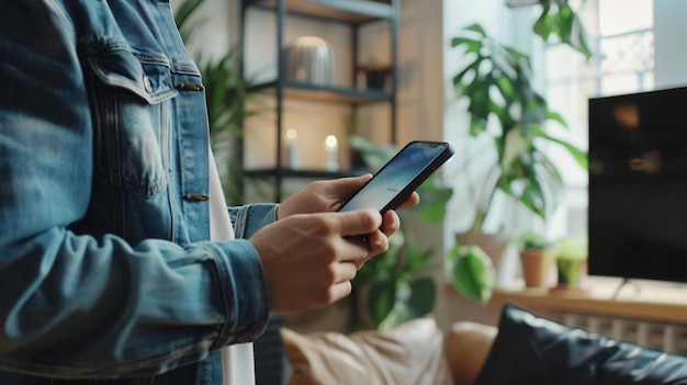 a person is using a smart phone in a living room