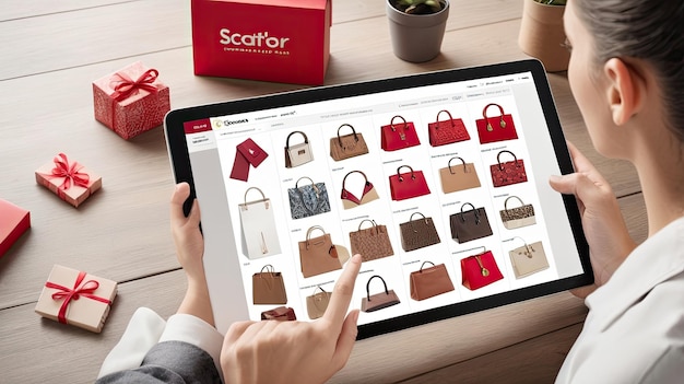 Photo a person is using a tablet with a display of different handbags